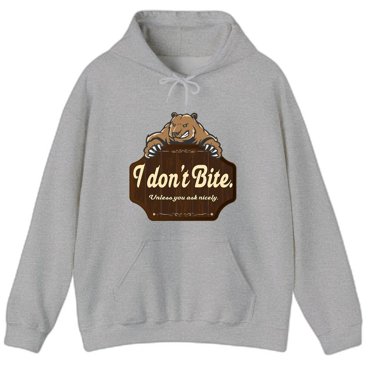 Brown grizzly bear grinning mischievously while holding a wooden sign reading 'I don't Bite. Unless you ask nicely' with decorative vintage styling in Sport Grey