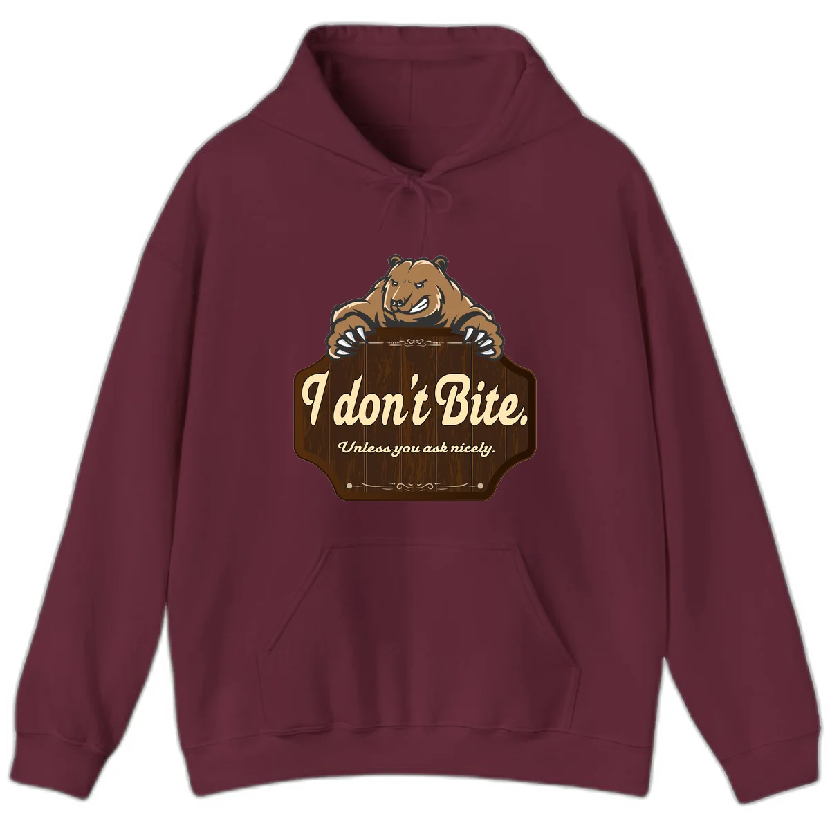Brown grizzly bear grinning mischievously while holding a wooden sign reading 'I don't Bite. Unless you ask nicely' with decorative vintage styling in Maroon
