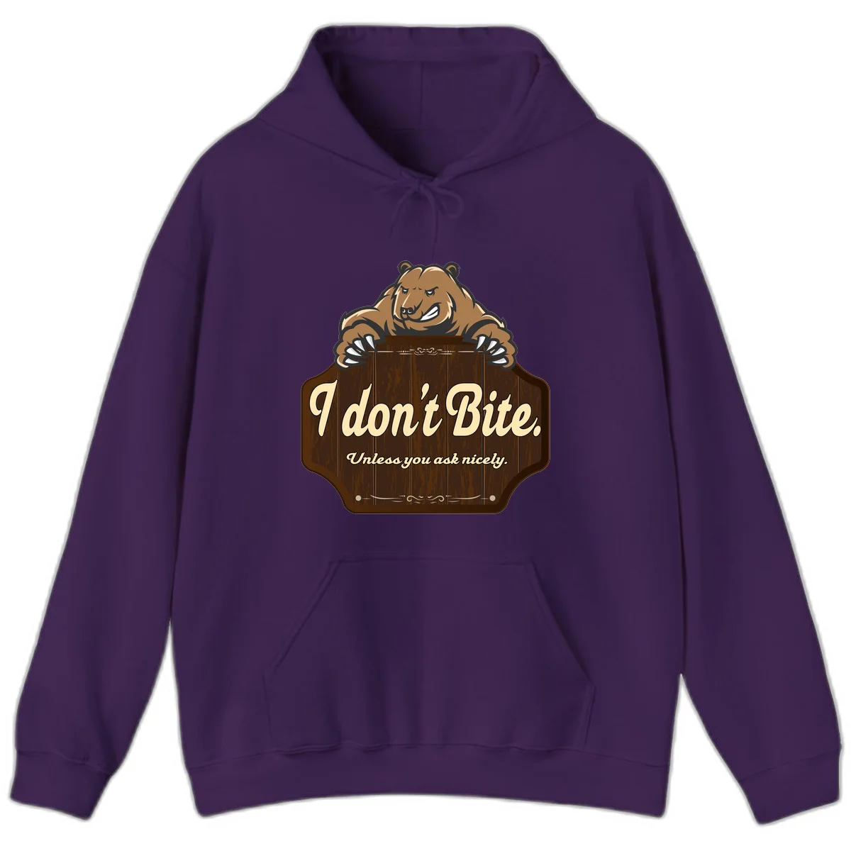 Brown grizzly bear grinning mischievously while holding a wooden sign reading 'I don't Bite. Unless you ask nicely' with decorative vintage styling in Purple