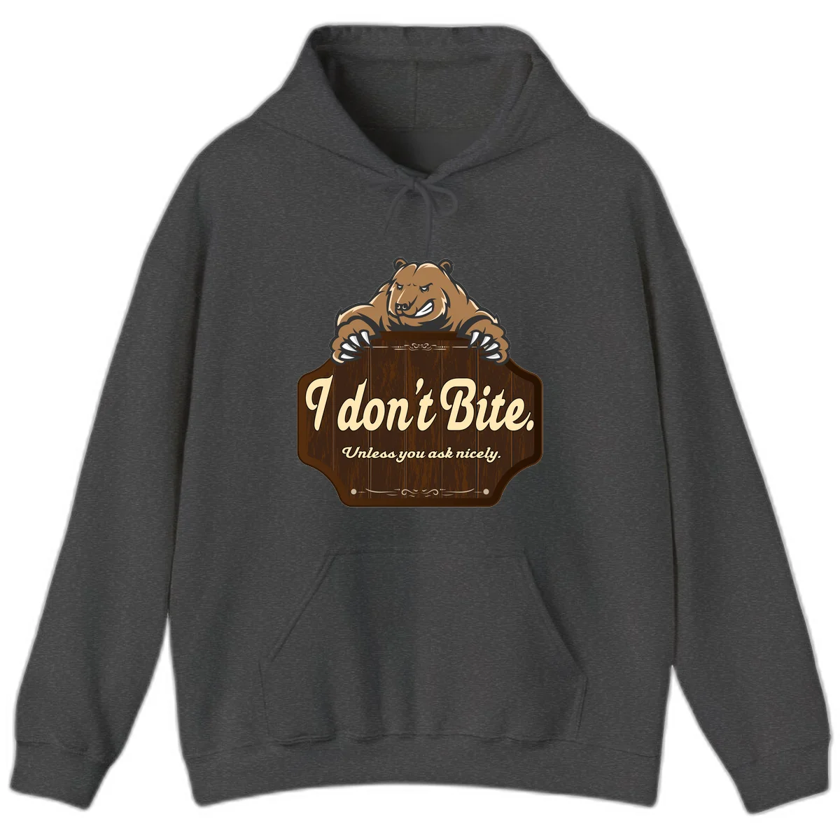 Brown grizzly bear grinning mischievously while holding a wooden sign reading 'I don't Bite. Unless you ask nicely' with decorative vintage styling in Dark Heather
