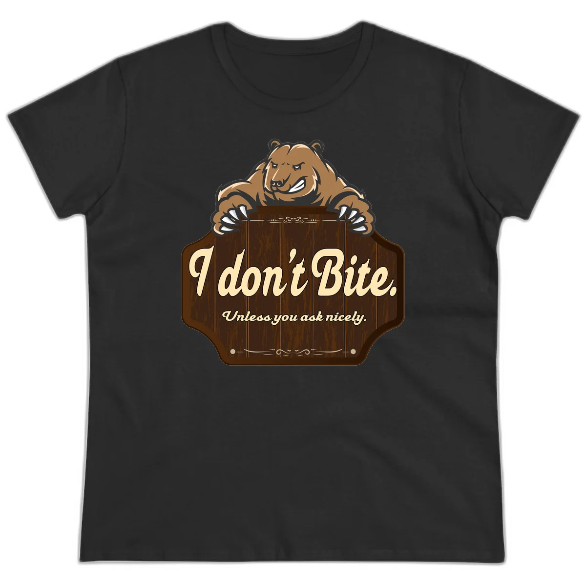 Brown grizzly bear grinning mischievously while holding a wooden sign reading 'I don't Bite. Unless you ask nicely' with decorative vintage styling in Black