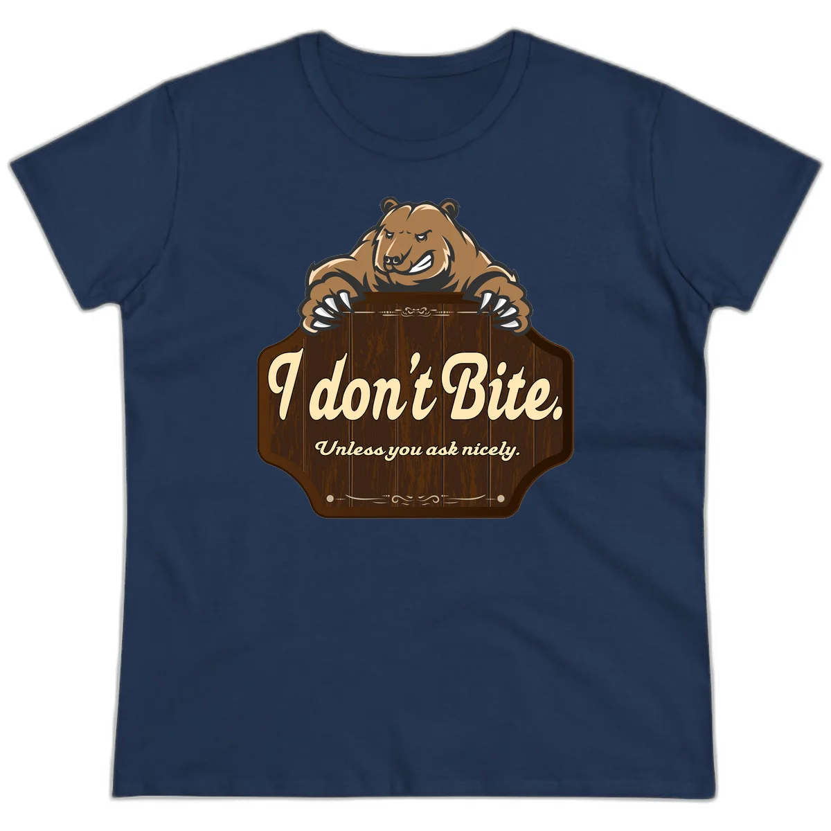 Brown grizzly bear grinning mischievously while holding a wooden sign reading 'I don't Bite. Unless you ask nicely' with decorative vintage styling in Navy