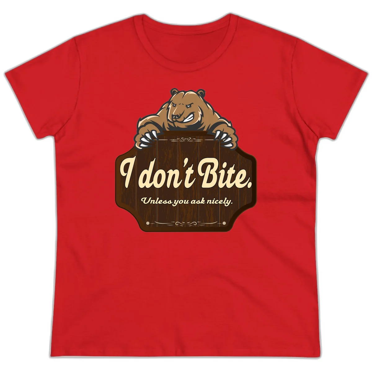 Brown grizzly bear grinning mischievously while holding a wooden sign reading 'I don't Bite. Unless you ask nicely' with decorative vintage styling in Red