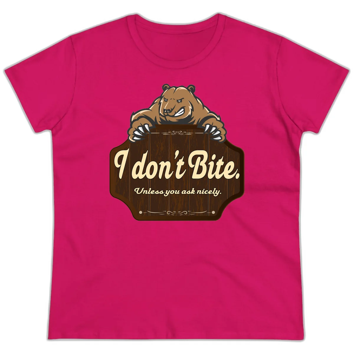Brown grizzly bear grinning mischievously while holding a wooden sign reading 'I don't Bite. Unless you ask nicely' with decorative vintage styling in Heliconia