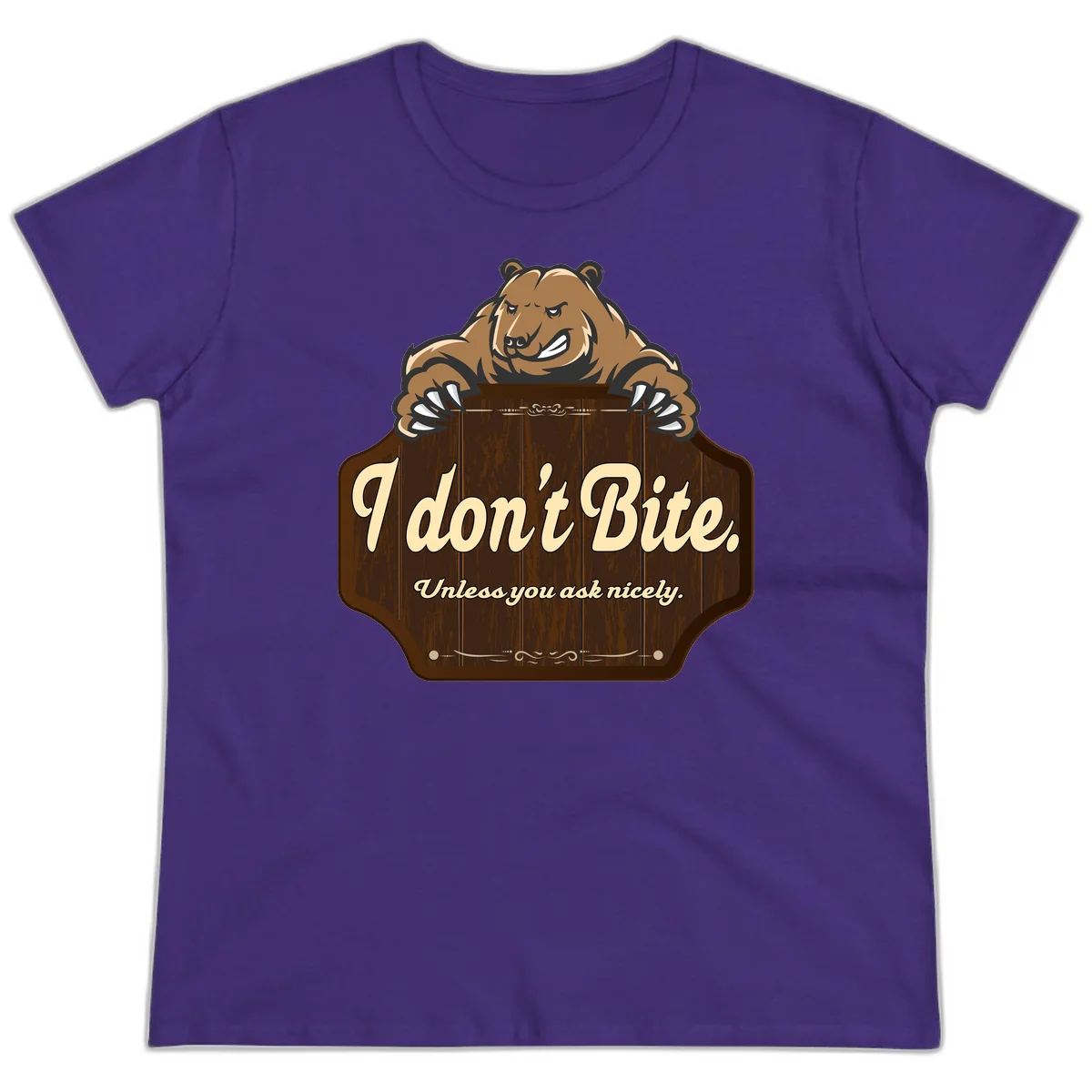Brown grizzly bear grinning mischievously while holding a wooden sign reading 'I don't Bite. Unless you ask nicely' with decorative vintage styling in Purple