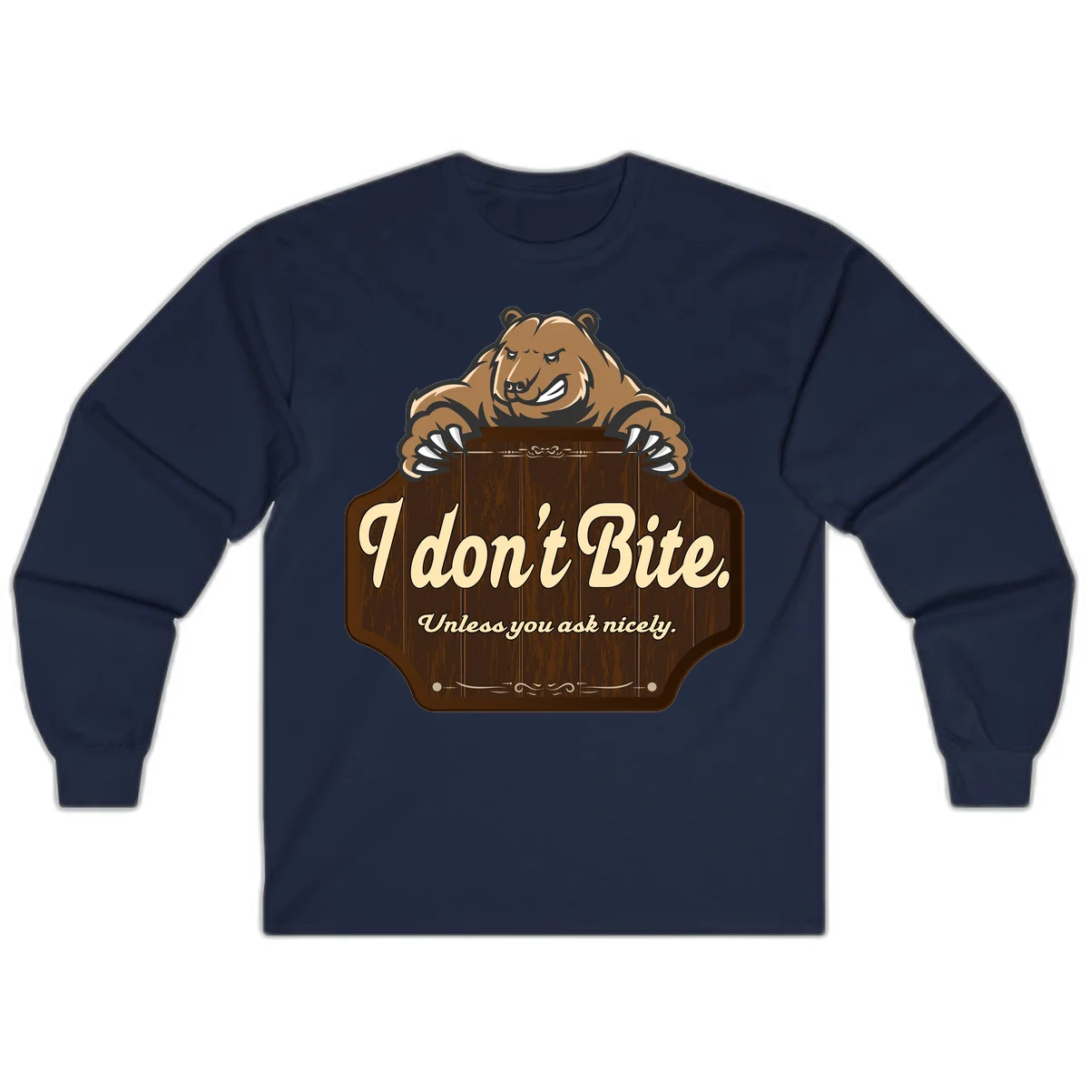 Brown grizzly bear grinning mischievously while holding a wooden sign reading 'I don't Bite. Unless you ask nicely' with decorative vintage styling in Navy