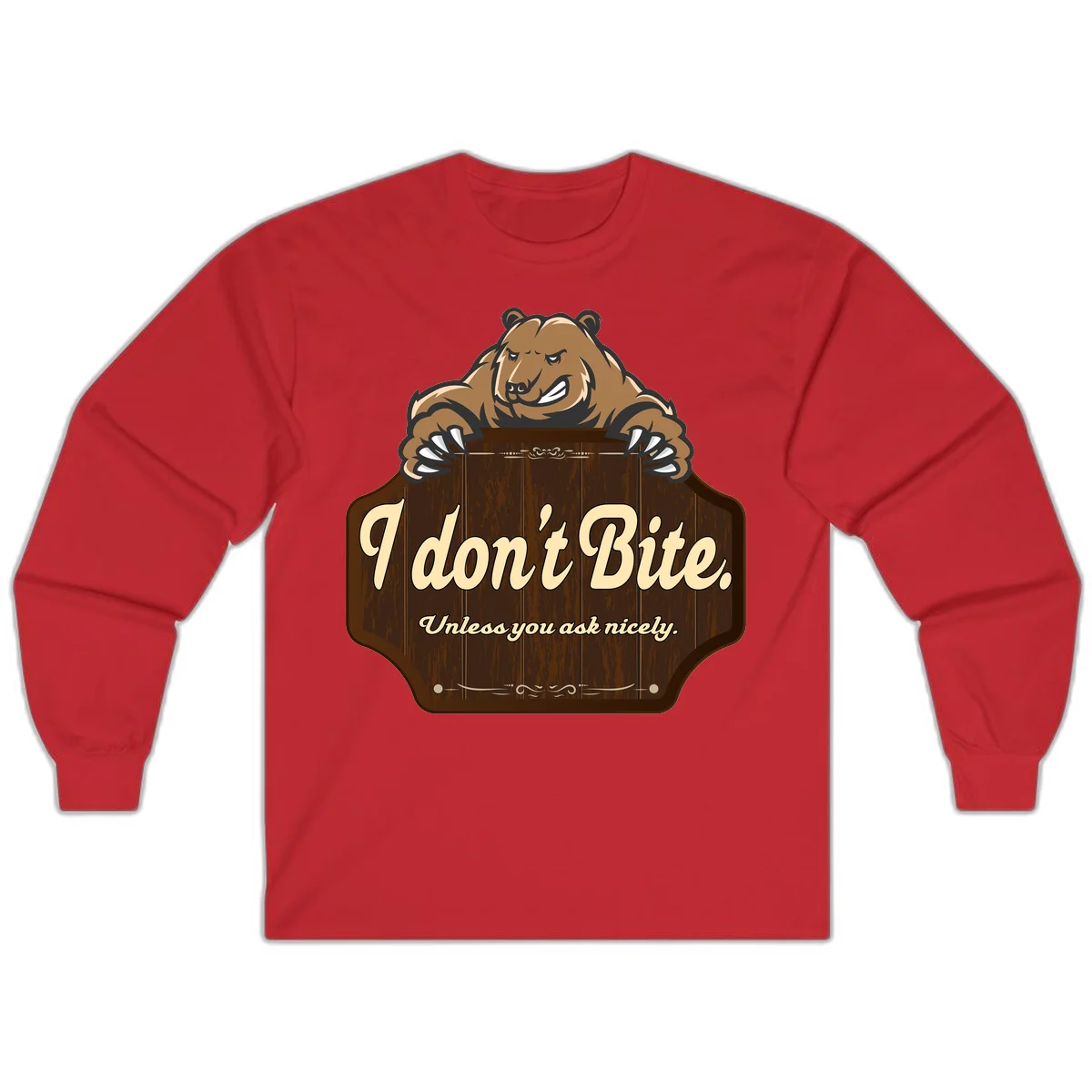 Brown grizzly bear grinning mischievously while holding a wooden sign reading 'I don't Bite. Unless you ask nicely' with decorative vintage styling in Red