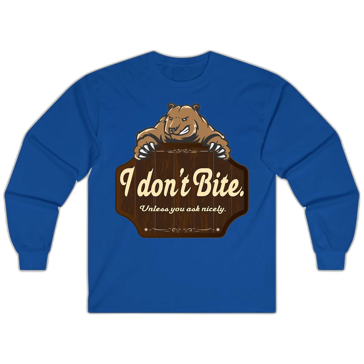 Brown grizzly bear grinning mischievously while holding a wooden sign reading 'I don't Bite. Unless you ask nicely' with decorative vintage styling in Royal