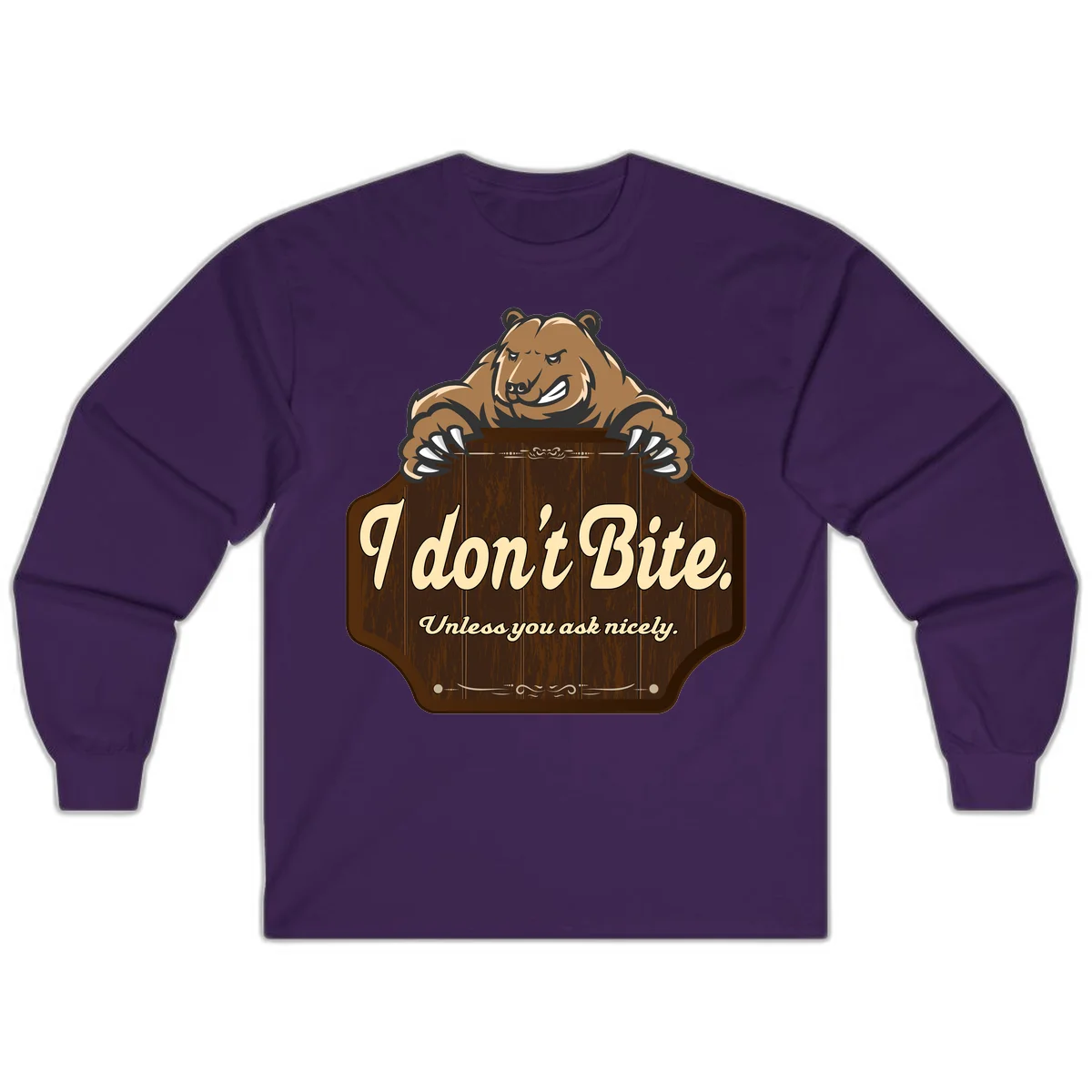 Brown grizzly bear grinning mischievously while holding a wooden sign reading 'I don't Bite. Unless you ask nicely' with decorative vintage styling in Purple
