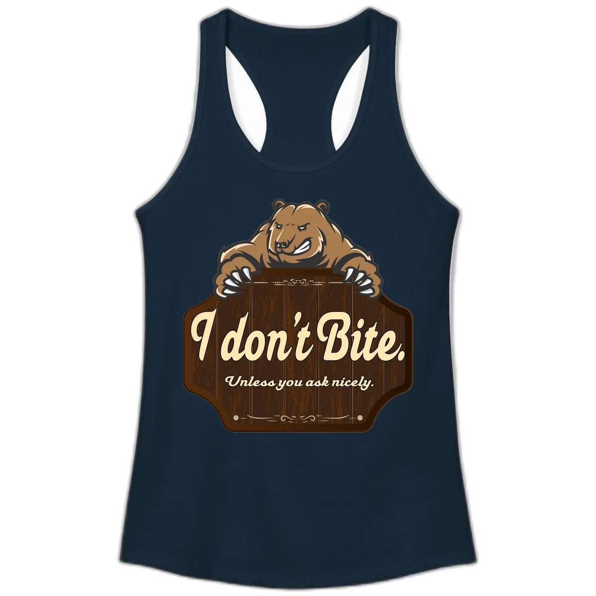 Brown grizzly bear grinning mischievously while holding a wooden sign reading 'I don't Bite. Unless you ask nicely' with decorative vintage styling in Solid Midnight Navy