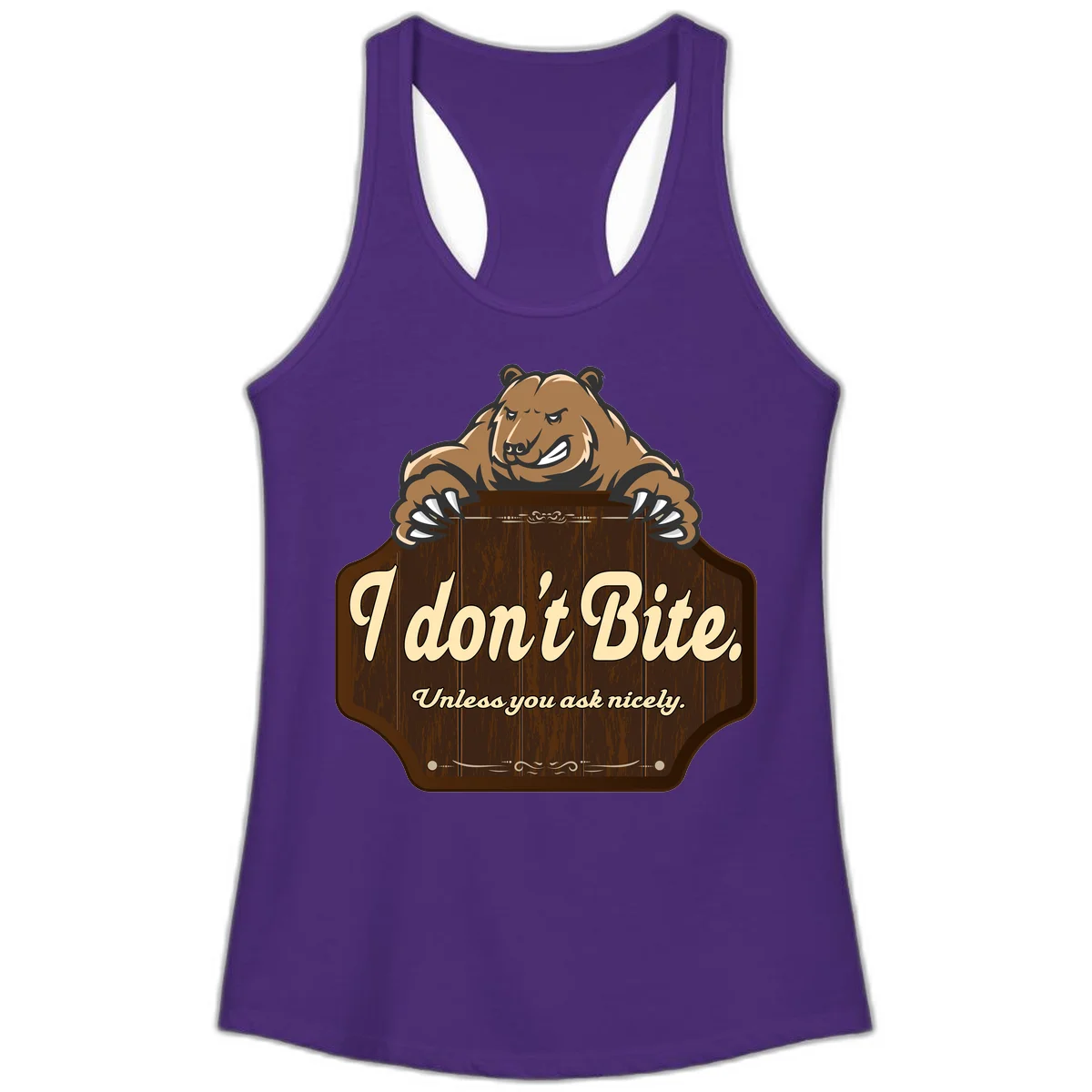 Brown grizzly bear grinning mischievously while holding a wooden sign reading 'I don't Bite. Unless you ask nicely' with decorative vintage styling in Solid Purple Rush