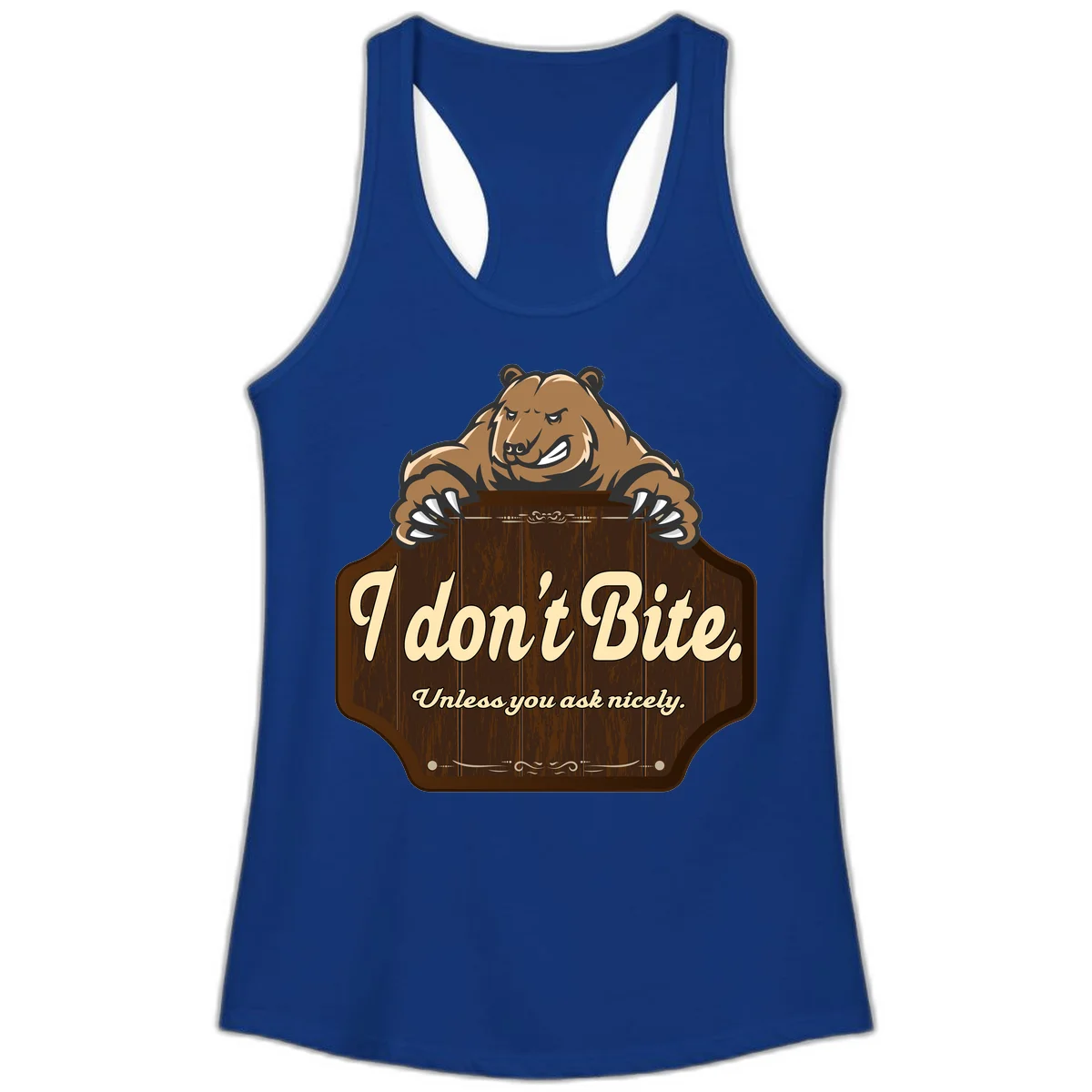 Brown grizzly bear grinning mischievously while holding a wooden sign reading 'I don't Bite. Unless you ask nicely' with decorative vintage styling in Solid Royal