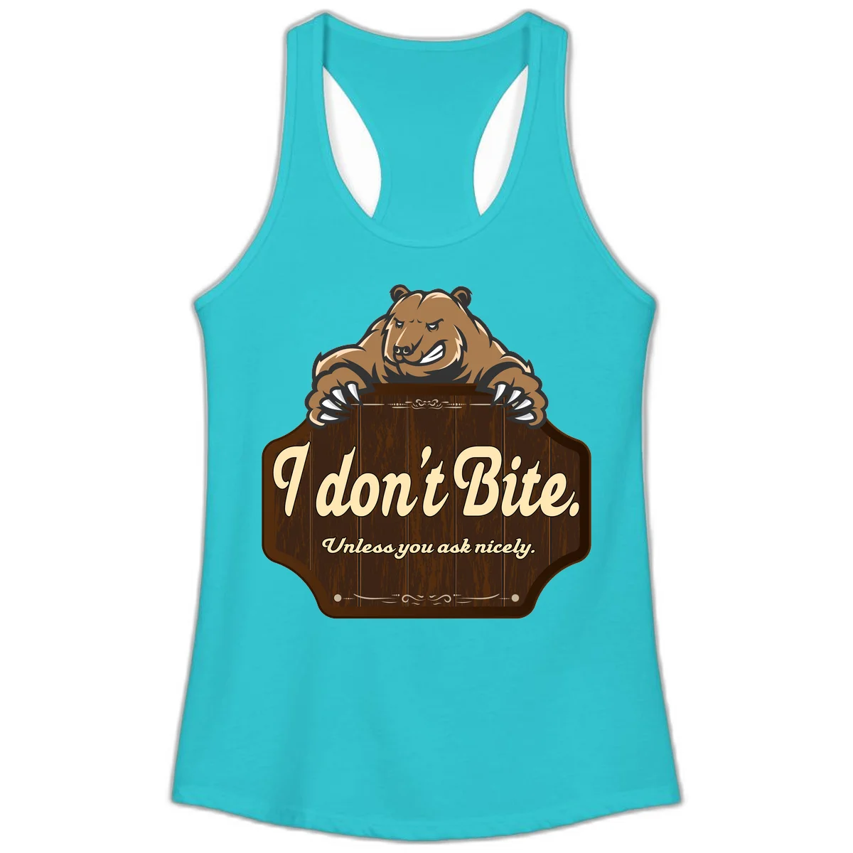 Brown grizzly bear grinning mischievously while holding a wooden sign reading 'I don't Bite. Unless you ask nicely' with decorative vintage styling in Solid Tahiti Blue