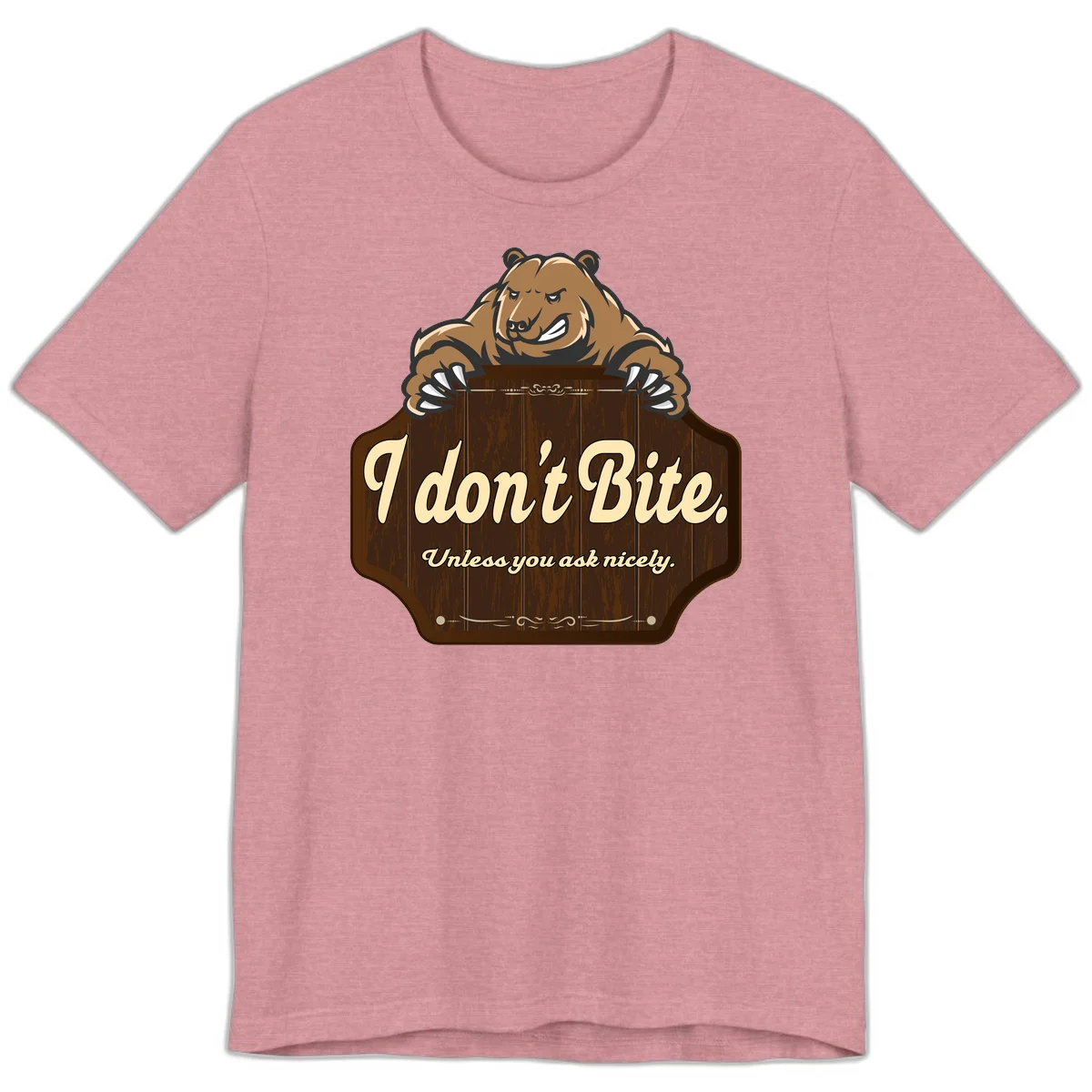 Brown grizzly bear grinning mischievously while holding a wooden sign reading 'I don't Bite. Unless you ask nicely' with decorative vintage styling in Heather Orchid