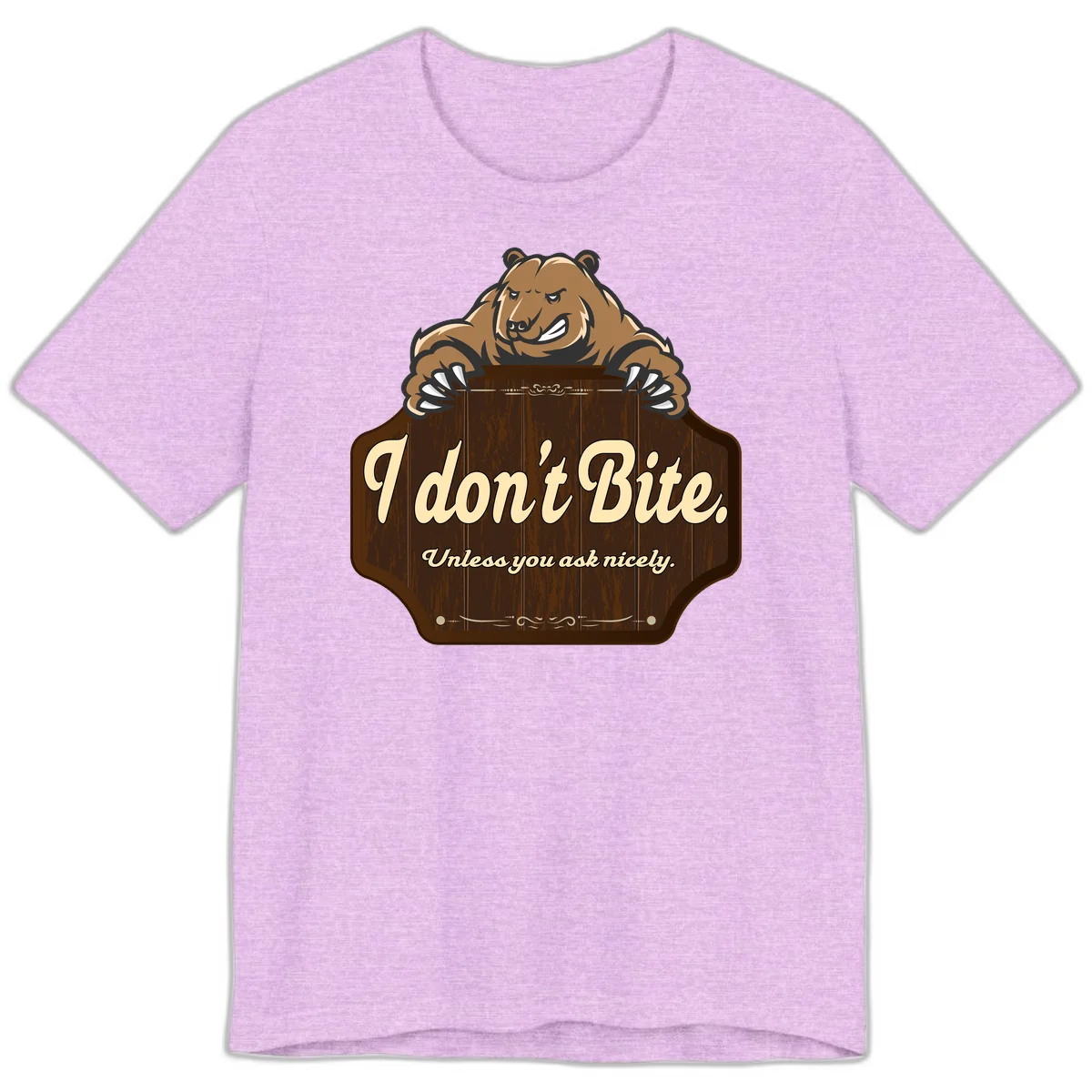 Brown grizzly bear grinning mischievously while holding a wooden sign reading 'I don't Bite. Unless you ask nicely' with decorative vintage styling in Heather Prism Lilac
