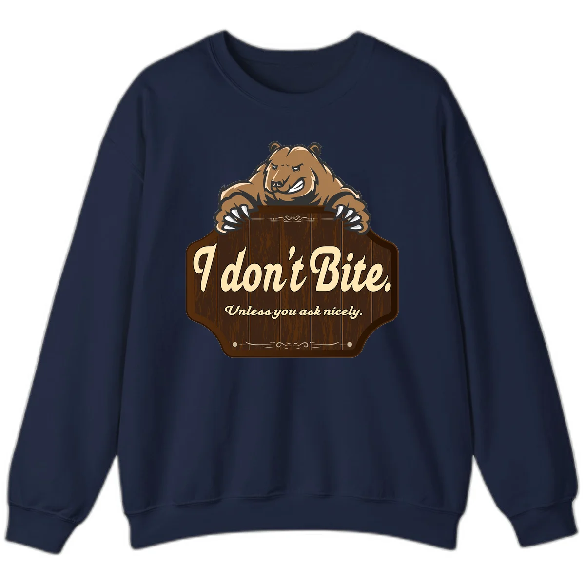 Brown grizzly bear grinning mischievously while holding a wooden sign reading 'I don't Bite. Unless you ask nicely' with decorative vintage styling in Navy