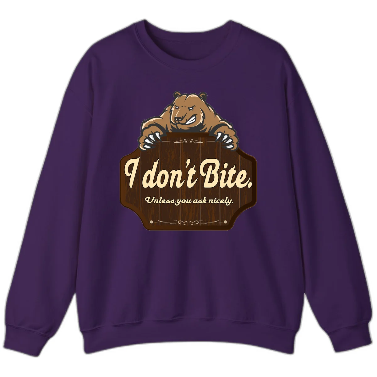 Brown grizzly bear grinning mischievously while holding a wooden sign reading 'I don't Bite. Unless you ask nicely' with decorative vintage styling in Purple