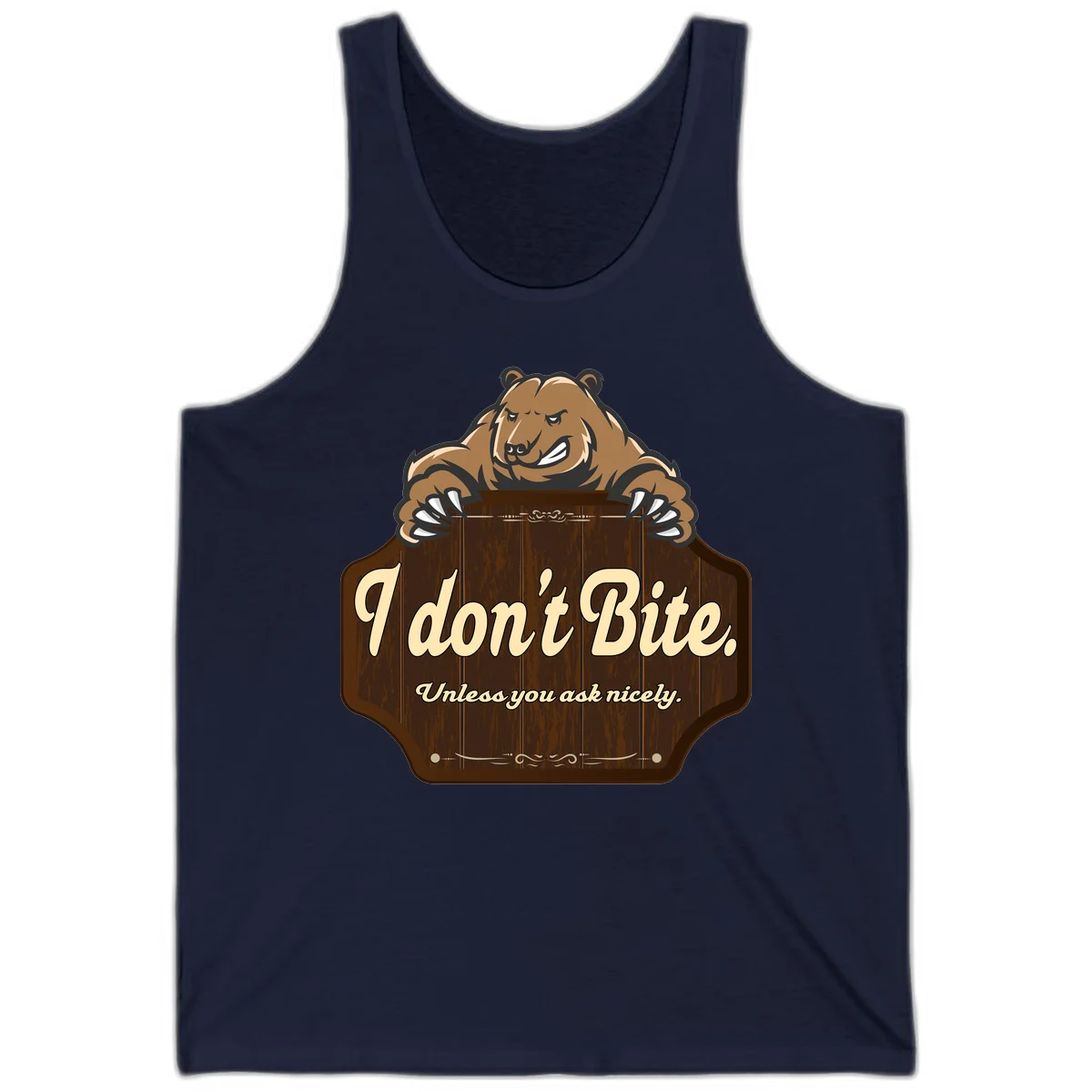 Brown grizzly bear grinning mischievously while holding a wooden sign reading 'I don't Bite. Unless you ask nicely' with decorative vintage styling in Navy