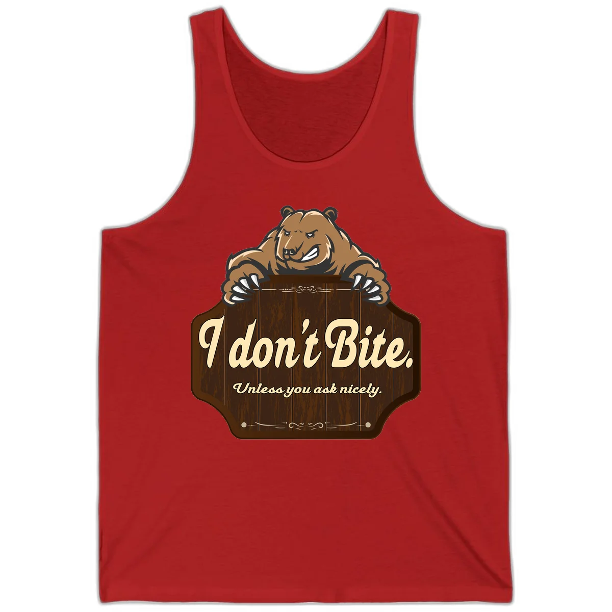 Brown grizzly bear grinning mischievously while holding a wooden sign reading 'I don't Bite. Unless you ask nicely' with decorative vintage styling in Red