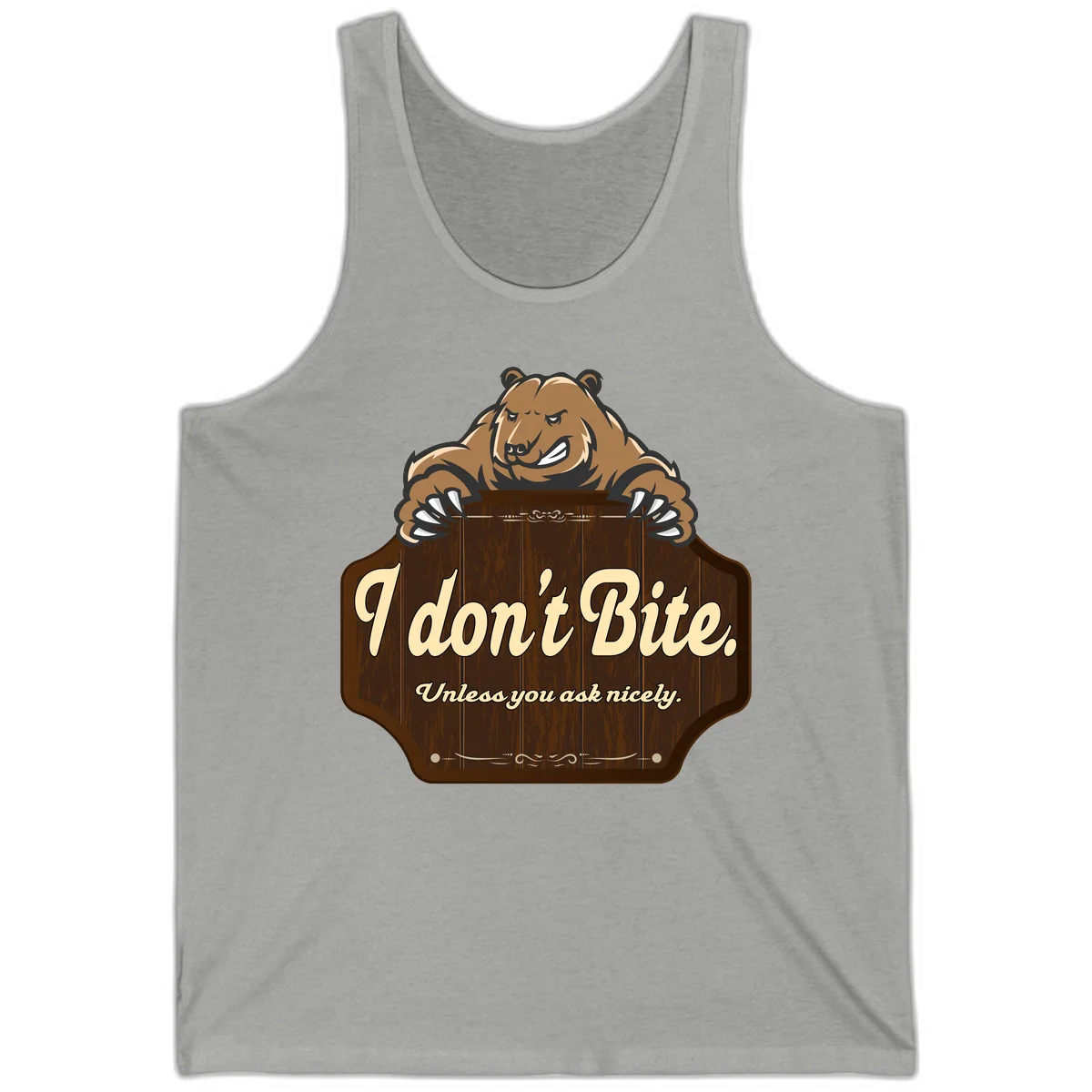 Brown grizzly bear grinning mischievously while holding a wooden sign reading 'I don't Bite. Unless you ask nicely' with decorative vintage styling in Athletic Heather