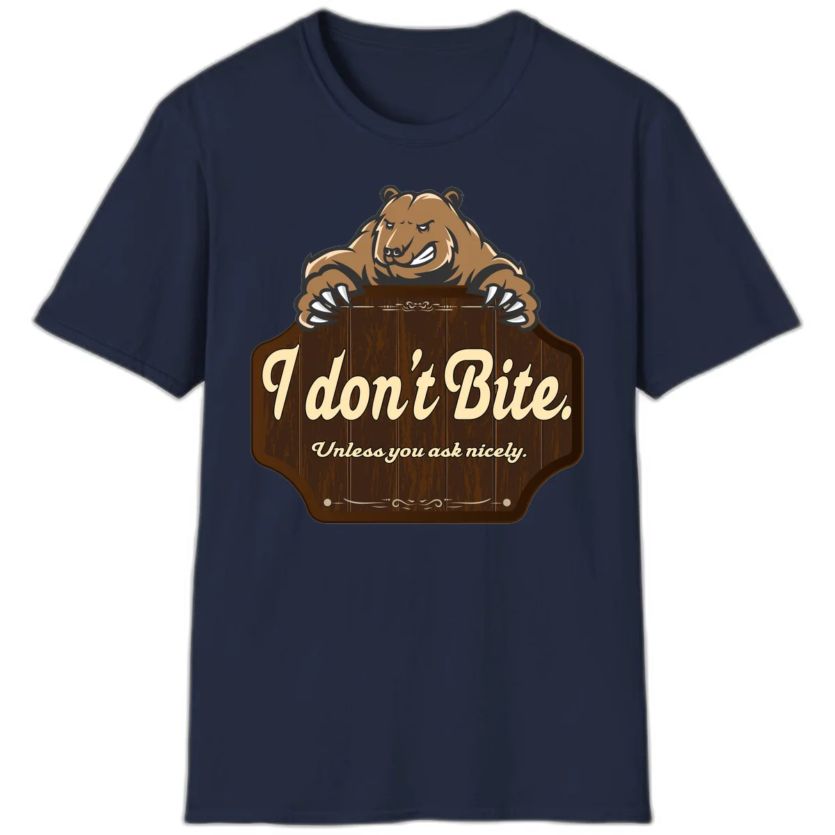 Brown grizzly bear grinning mischievously while holding a wooden sign reading 'I don't Bite. Unless you ask nicely' with decorative vintage styling in Navy