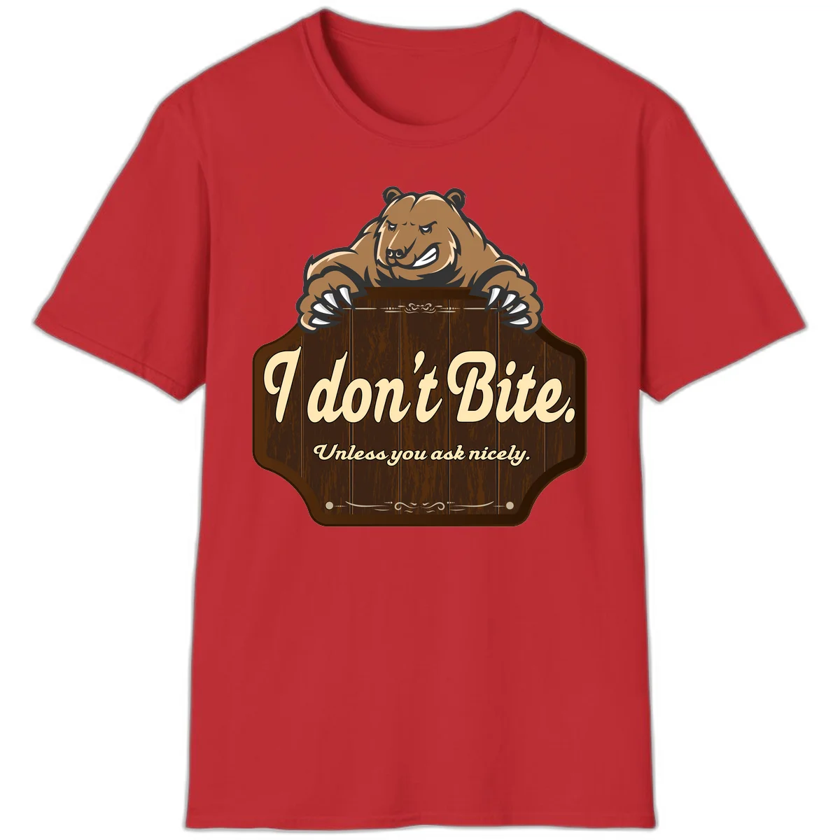 Brown grizzly bear grinning mischievously while holding a wooden sign reading 'I don't Bite. Unless you ask nicely' with decorative vintage styling in Red