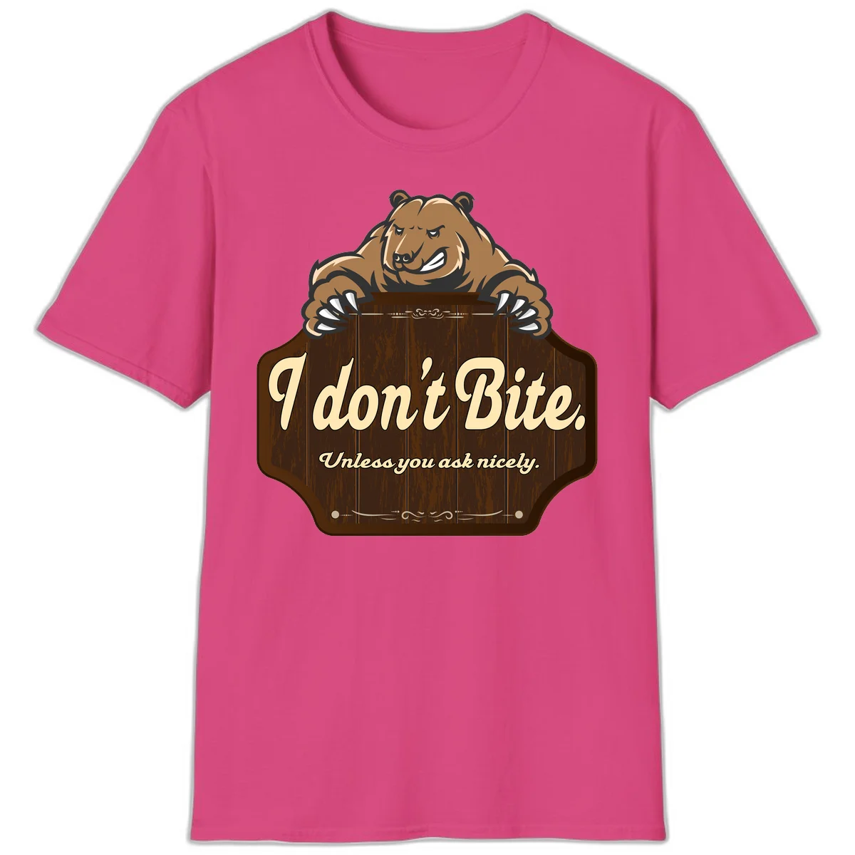 Brown grizzly bear grinning mischievously while holding a wooden sign reading 'I don't Bite. Unless you ask nicely' with decorative vintage styling in Heliconia