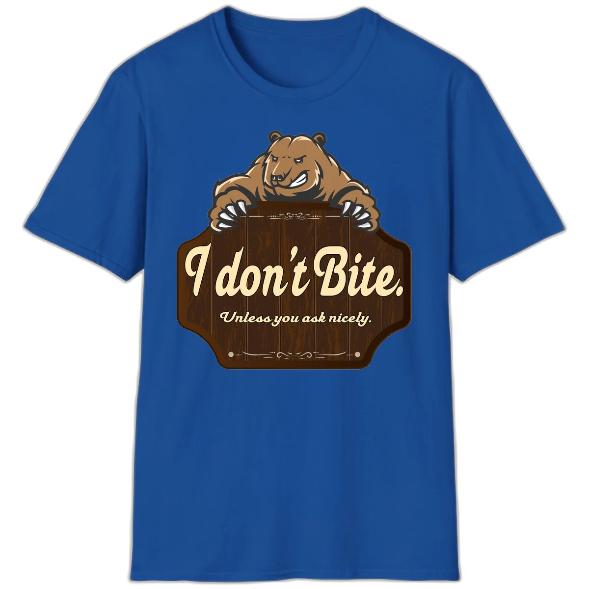 Brown grizzly bear grinning mischievously while holding a wooden sign reading 'I don't Bite. Unless you ask nicely' with decorative vintage styling in Royal
