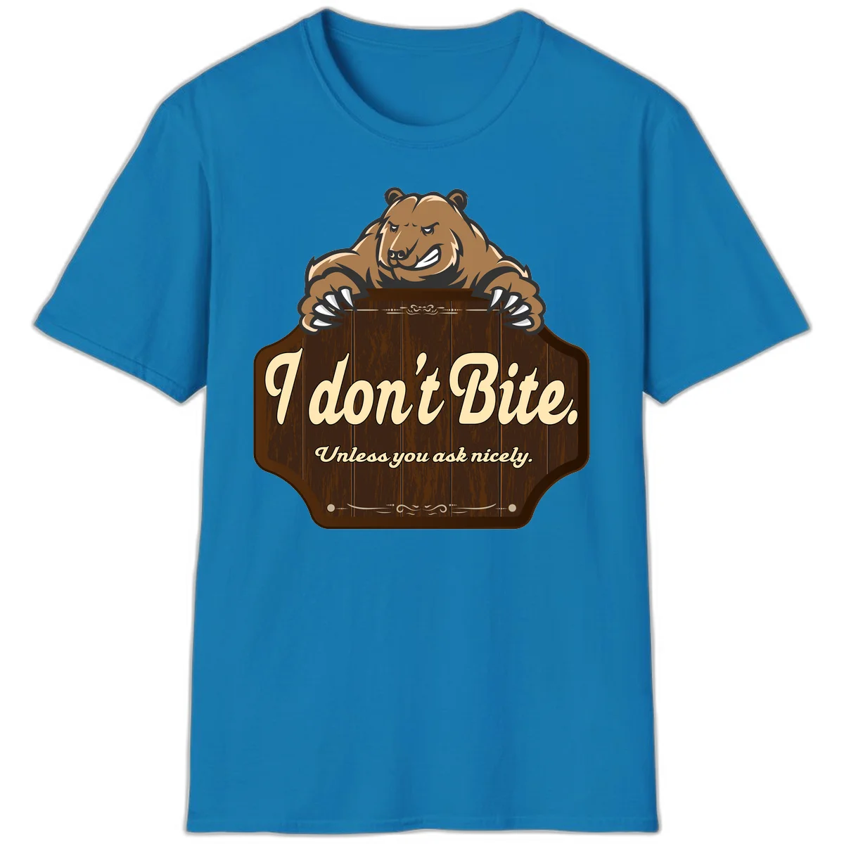 Brown grizzly bear grinning mischievously while holding a wooden sign reading 'I don't Bite. Unless you ask nicely' with decorative vintage styling in Sapphire