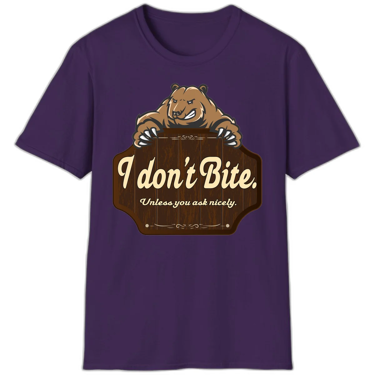 Brown grizzly bear grinning mischievously while holding a wooden sign reading 'I don't Bite. Unless you ask nicely' with decorative vintage styling in Purple