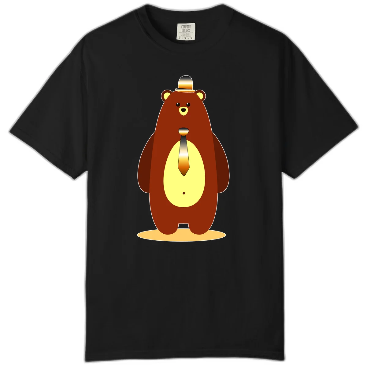 Illustration of a dapper-bear-formal in brown with golden top hat and matching tie, featuring a friendly expression and cream belly patch in Black