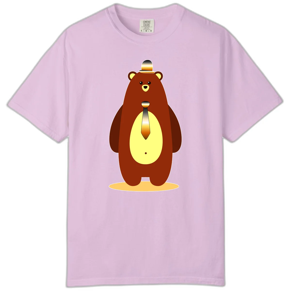 Illustration of a dapper-bear-formal in brown with golden top hat and matching tie, featuring a friendly expression and cream belly patch in Orchid