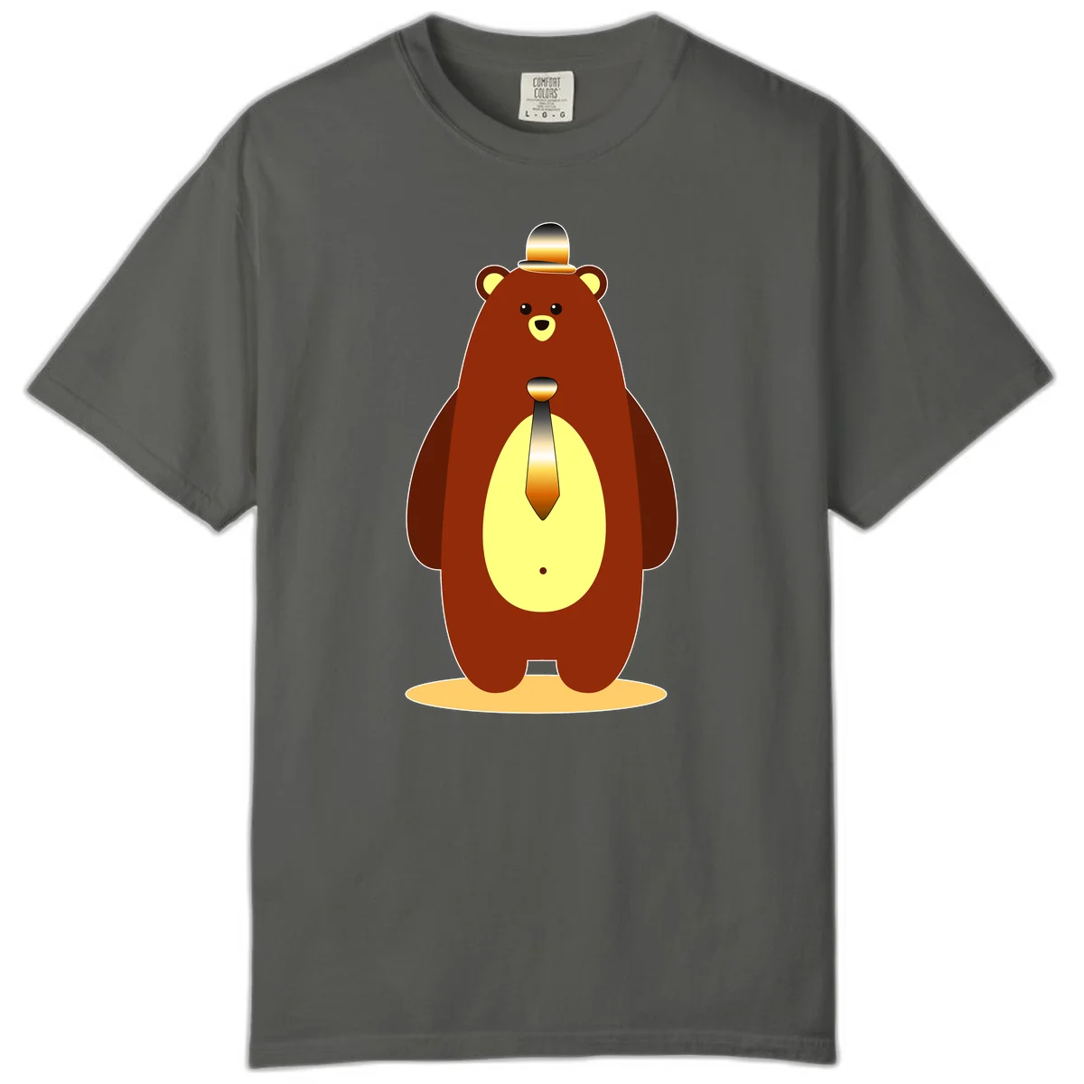 Illustration of a dapper-bear-formal in brown with golden top hat and matching tie, featuring a friendly expression and cream belly patch in Pepper