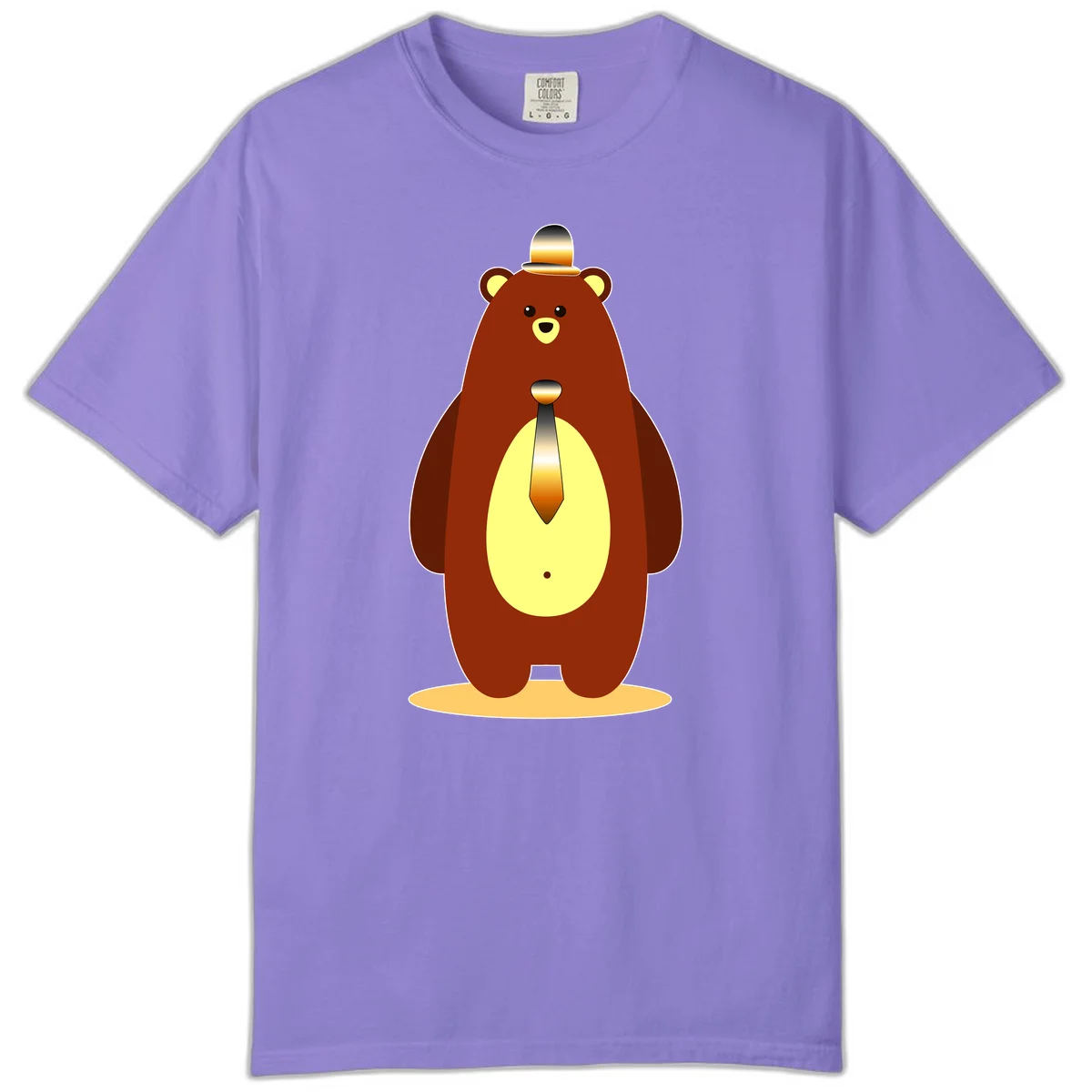 Illustration of a dapper-bear-formal in brown with golden top hat and matching tie, featuring a friendly expression and cream belly patch in Violet