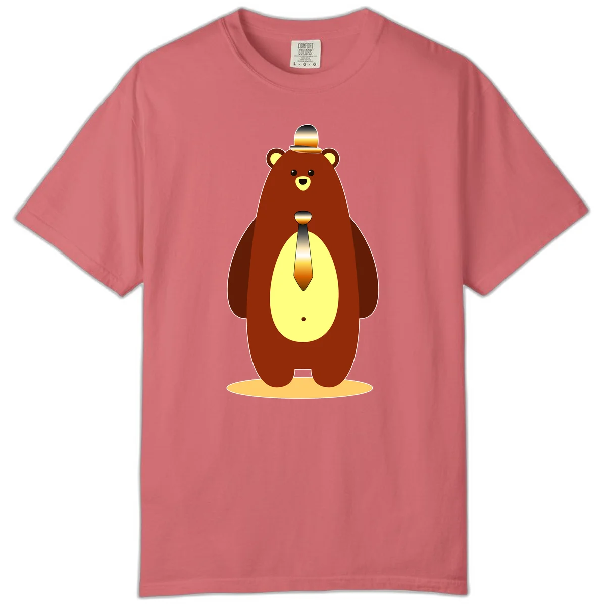 Illustration of a dapper-bear-formal in brown with golden top hat and matching tie, featuring a friendly expression and cream belly patch in Watermelon