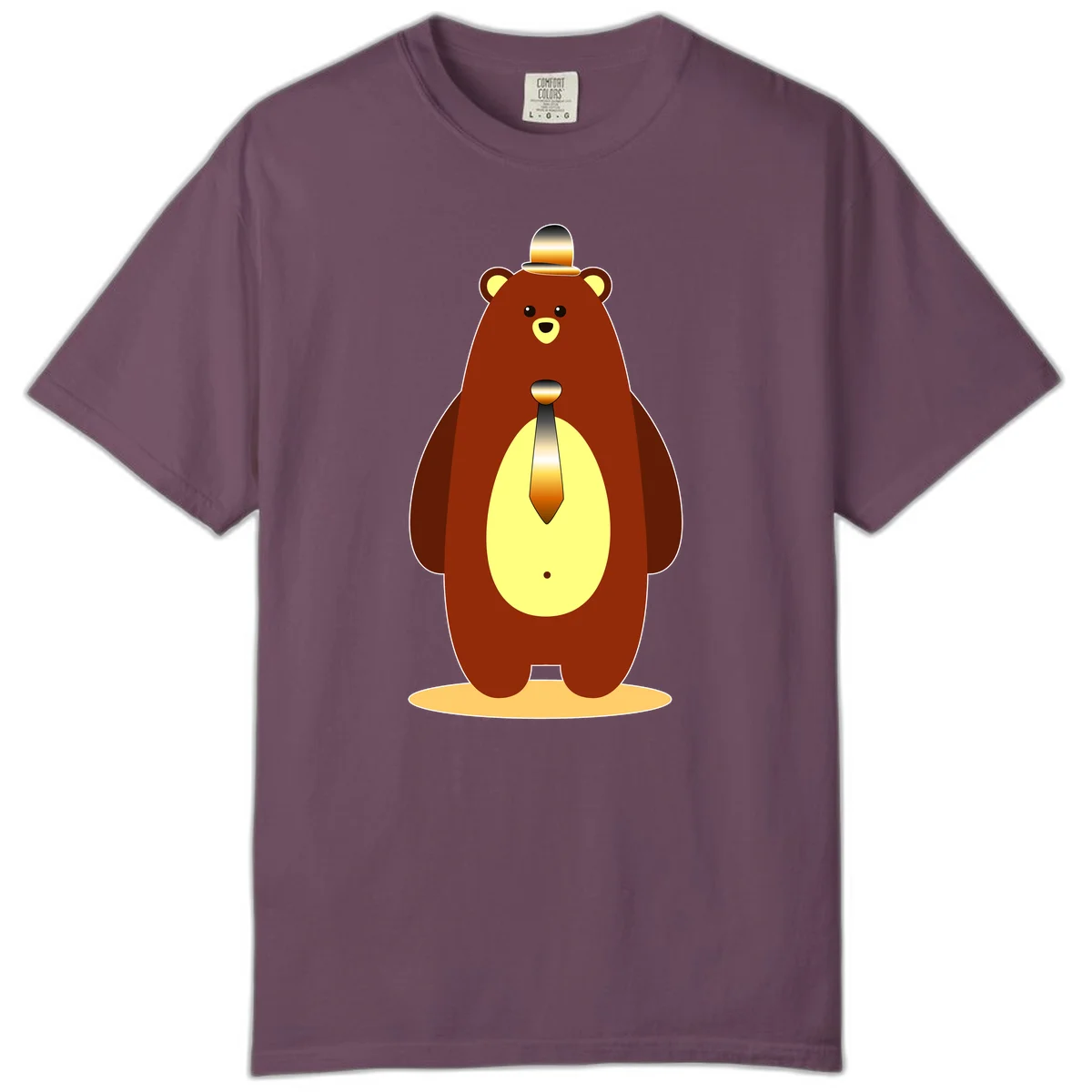 Illustration of a dapper-bear-formal in brown with golden top hat and matching tie, featuring a friendly expression and cream belly patch in Berry