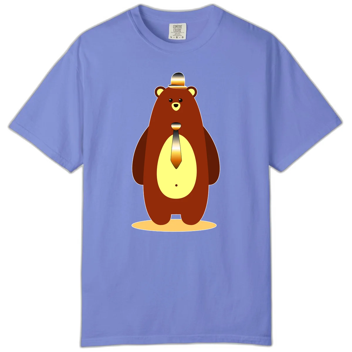 Illustration of a dapper-bear-formal in brown with golden top hat and matching tie, featuring a friendly expression and cream belly patch in Flo Blue
