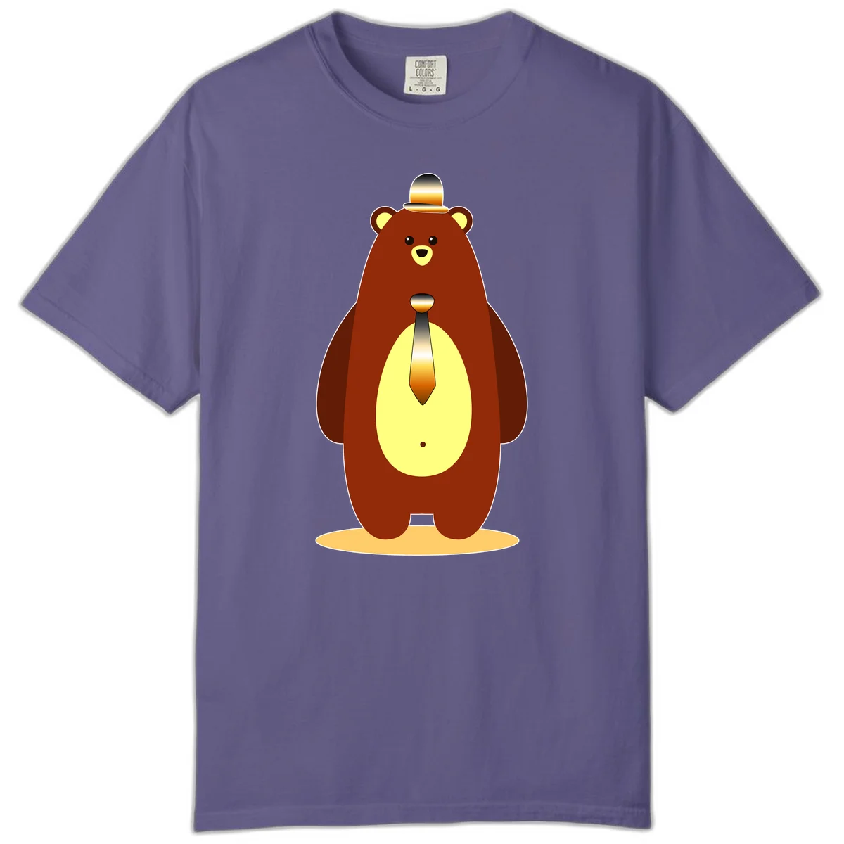Illustration of a dapper-bear-formal in brown with golden top hat and matching tie, featuring a friendly expression and cream belly patch in Grape
