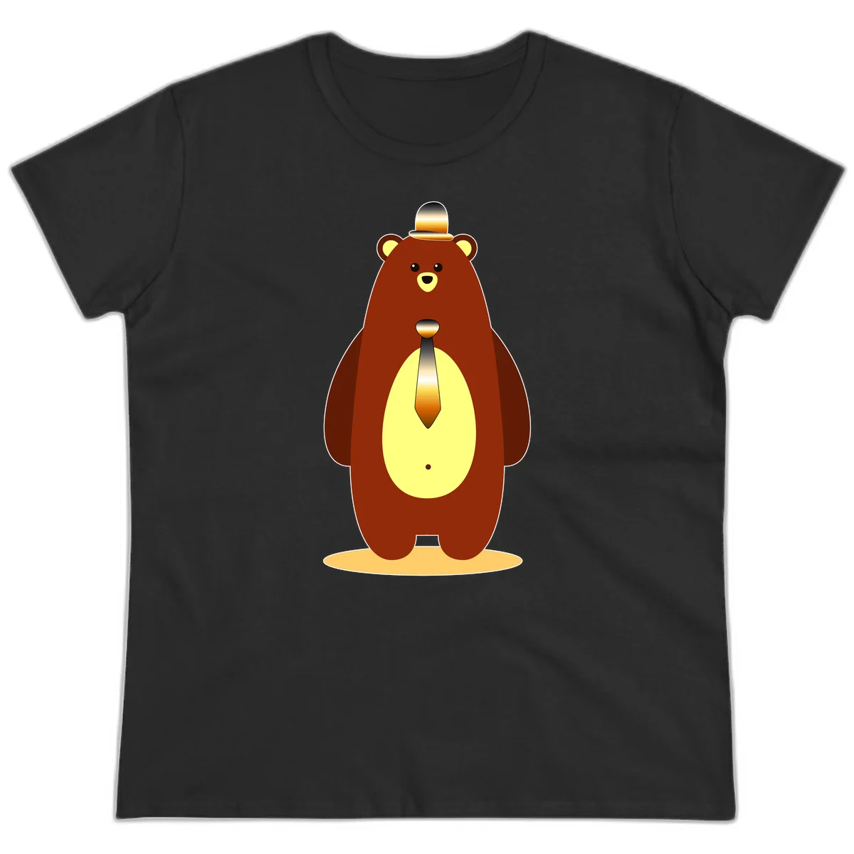 Illustration of a dapper-bear-formal in brown with golden top hat and matching tie, featuring a friendly expression and cream belly patch in Black