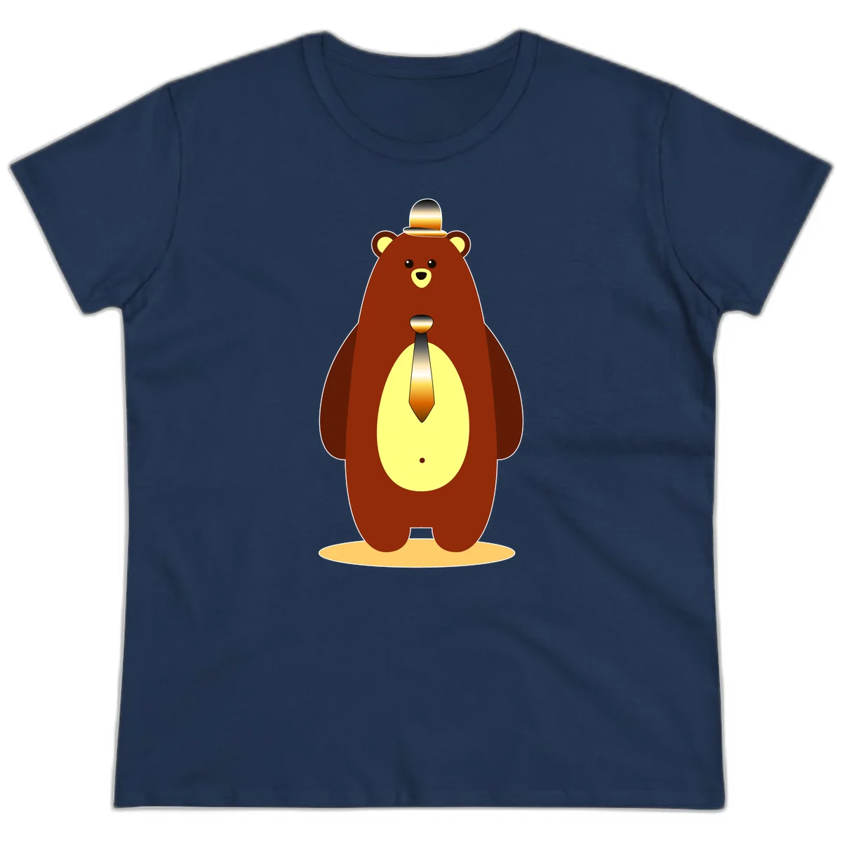 Illustration of a dapper-bear-formal in brown with golden top hat and matching tie, featuring a friendly expression and cream belly patch in Navy