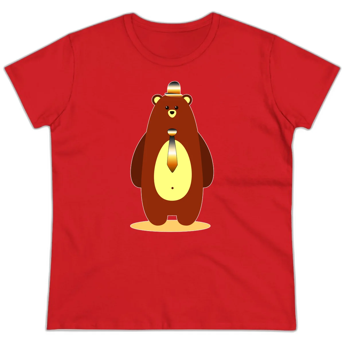 Illustration of a dapper-bear-formal in brown with golden top hat and matching tie, featuring a friendly expression and cream belly patch in Red