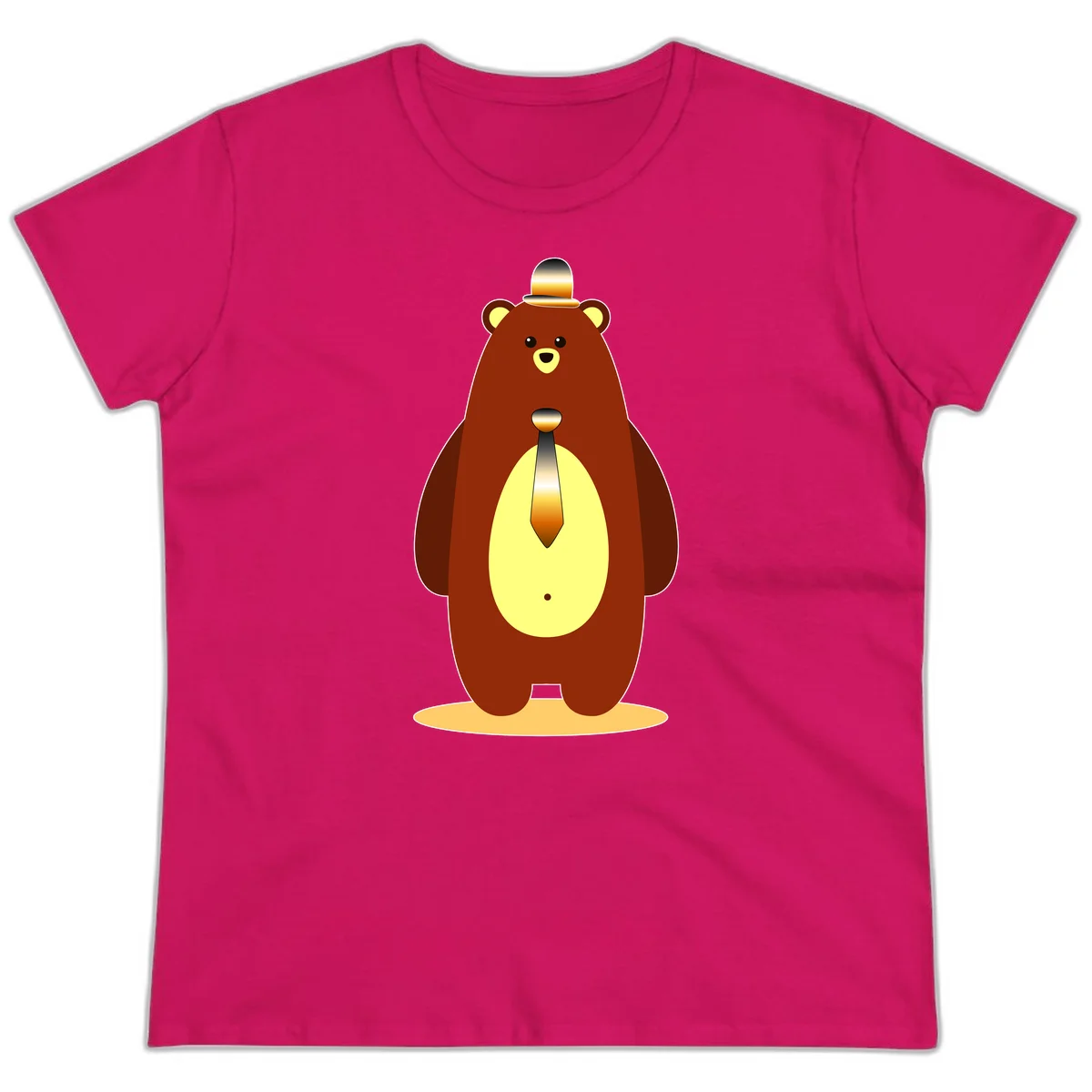 Illustration of a dapper-bear-formal in brown with golden top hat and matching tie, featuring a friendly expression and cream belly patch in Heliconia