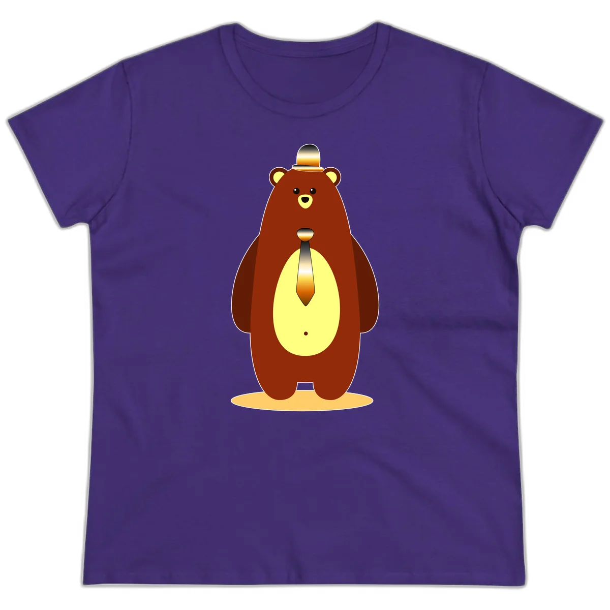 Illustration of a dapper-bear-formal in brown with golden top hat and matching tie, featuring a friendly expression and cream belly patch in Purple