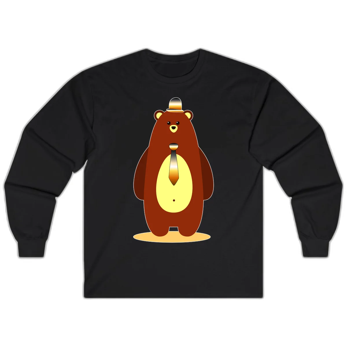 Illustration of a dapper-bear-formal in brown with golden top hat and matching tie, featuring a friendly expression and cream belly patch in Black