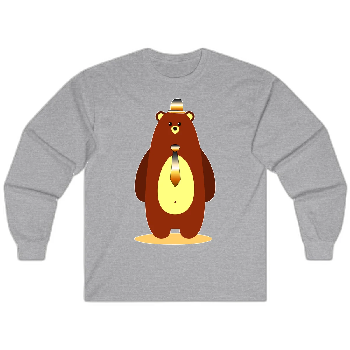 Illustration of a dapper-bear-formal in brown with golden top hat and matching tie, featuring a friendly expression and cream belly patch in Sport Grey