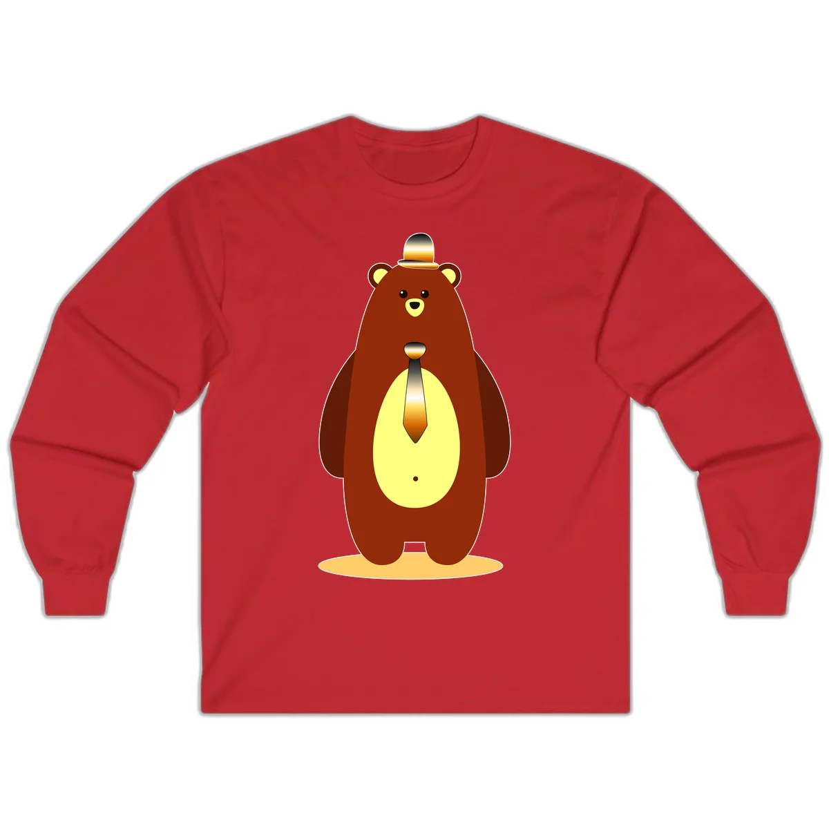 Illustration of a dapper-bear-formal in brown with golden top hat and matching tie, featuring a friendly expression and cream belly patch in Red