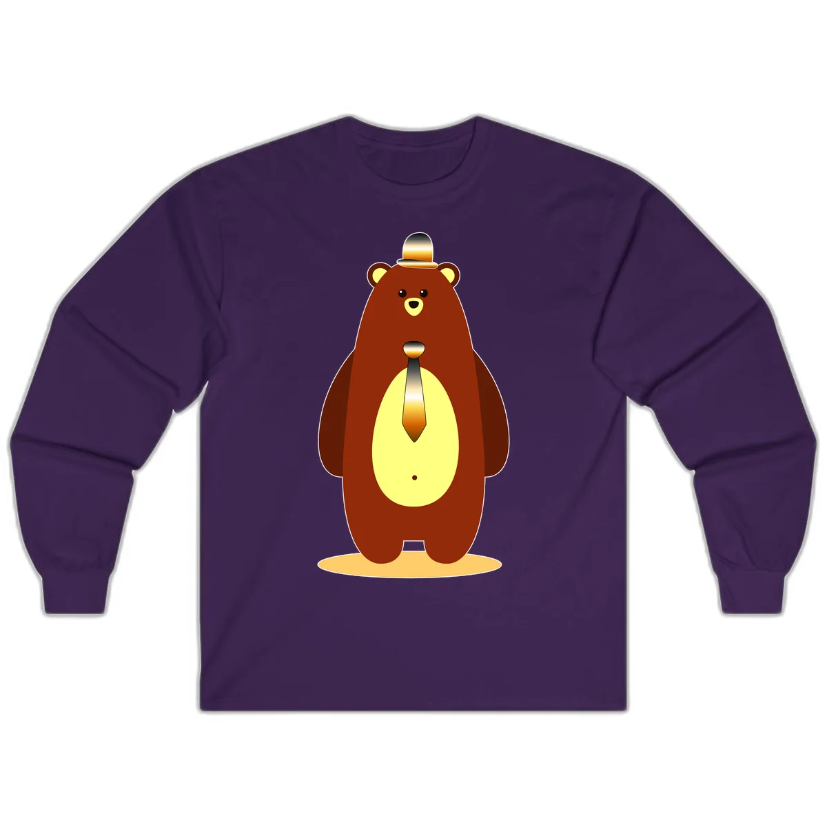 Illustration of a dapper-bear-formal in brown with golden top hat and matching tie, featuring a friendly expression and cream belly patch in Purple