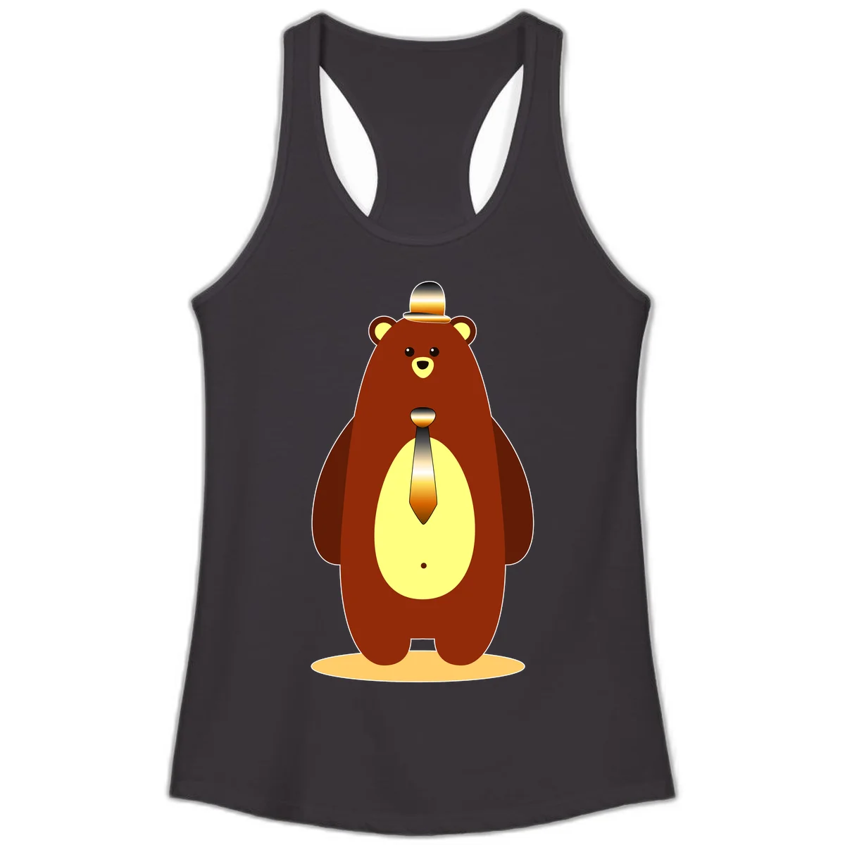 Illustration of a dapper-bear-formal in brown with golden top hat and matching tie, featuring a friendly expression and cream belly patch in Black