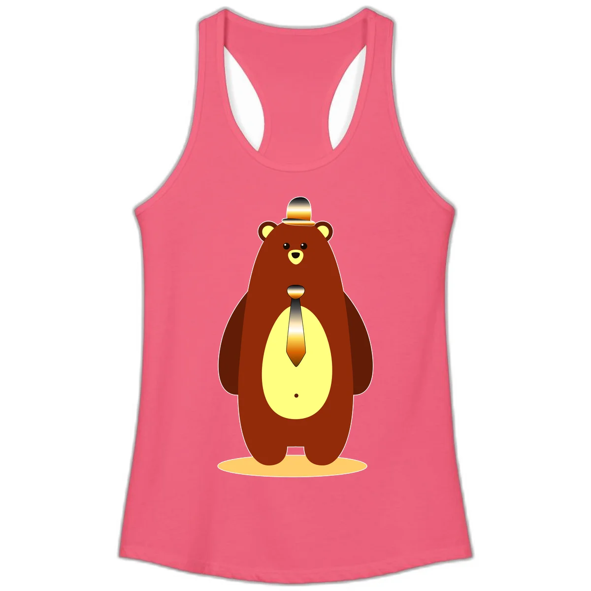 Illustration of a dapper-bear-formal in brown with golden top hat and matching tie, featuring a friendly expression and cream belly patch in Hot Pink