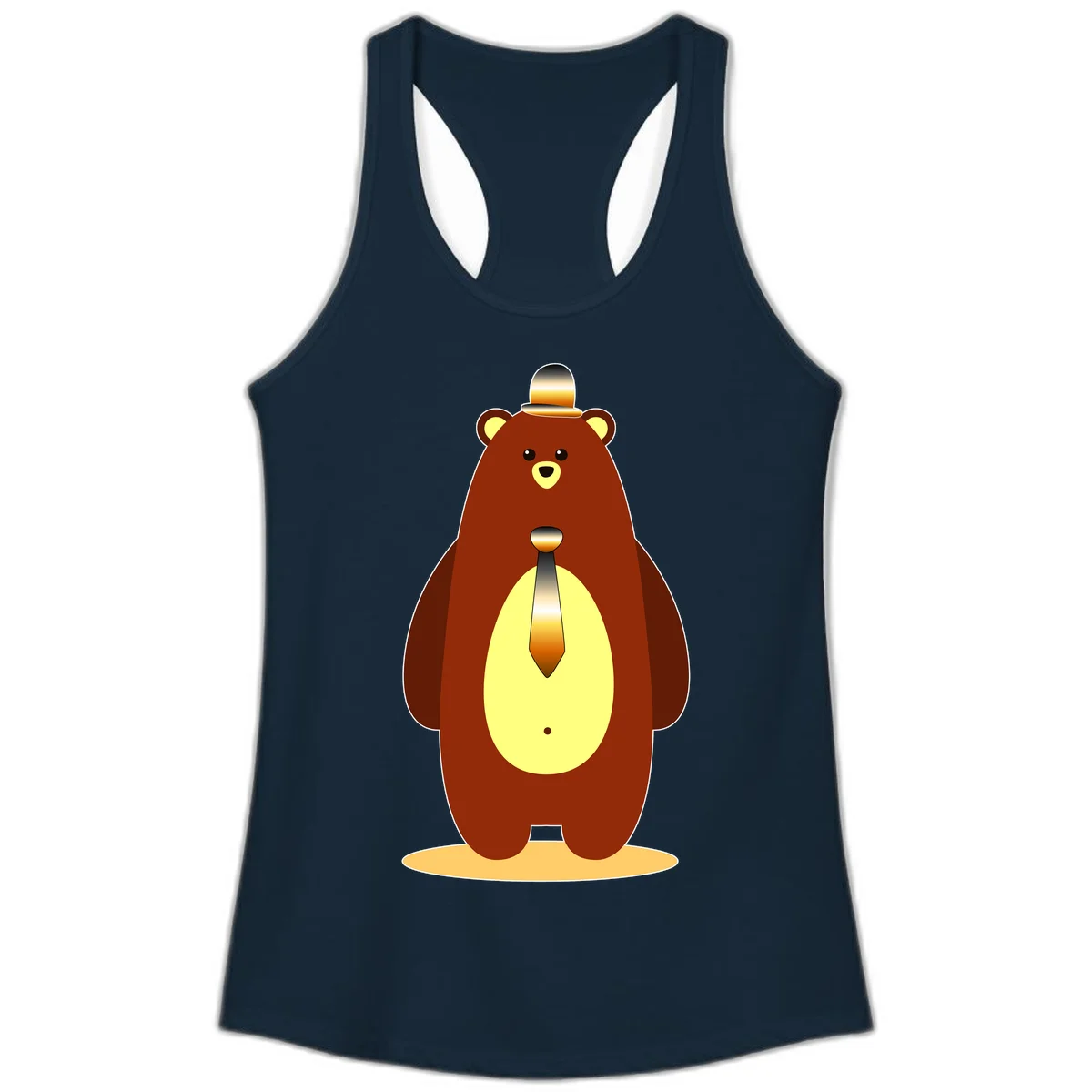 Illustration of a dapper-bear-formal in brown with golden top hat and matching tie, featuring a friendly expression and cream belly patch in Solid Midnight Navy